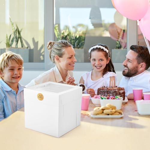 12Pcs Cake Boxes, 10x10x10 Inches Tall Cake Boxes with Window, White Disposable Tier Cake Containers for Pastries, Pie, Cookies, Chocolates, Cupcakes, Birthday Party, Wedding Bakery Boxes