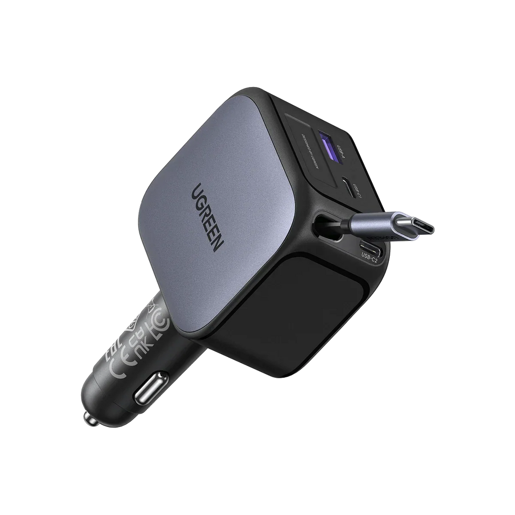 UGREEN 145W Cargador Coche Retráctil Carga Rápida 4 Puertas con Cable Retractil