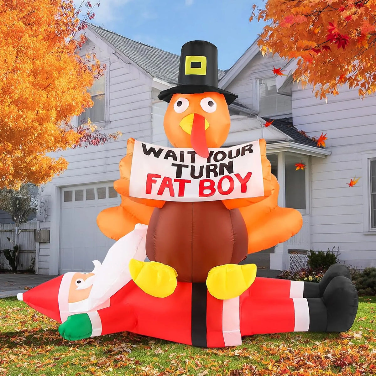 5FT Thanksgiving Turkey Inflatable Outdoor Decorations, Blow Up Turkey Sitting on Santa Claus with Sign, Built-in LED Lights Holiday DÃ©cor for Outside Lawn Garden Home Indoor