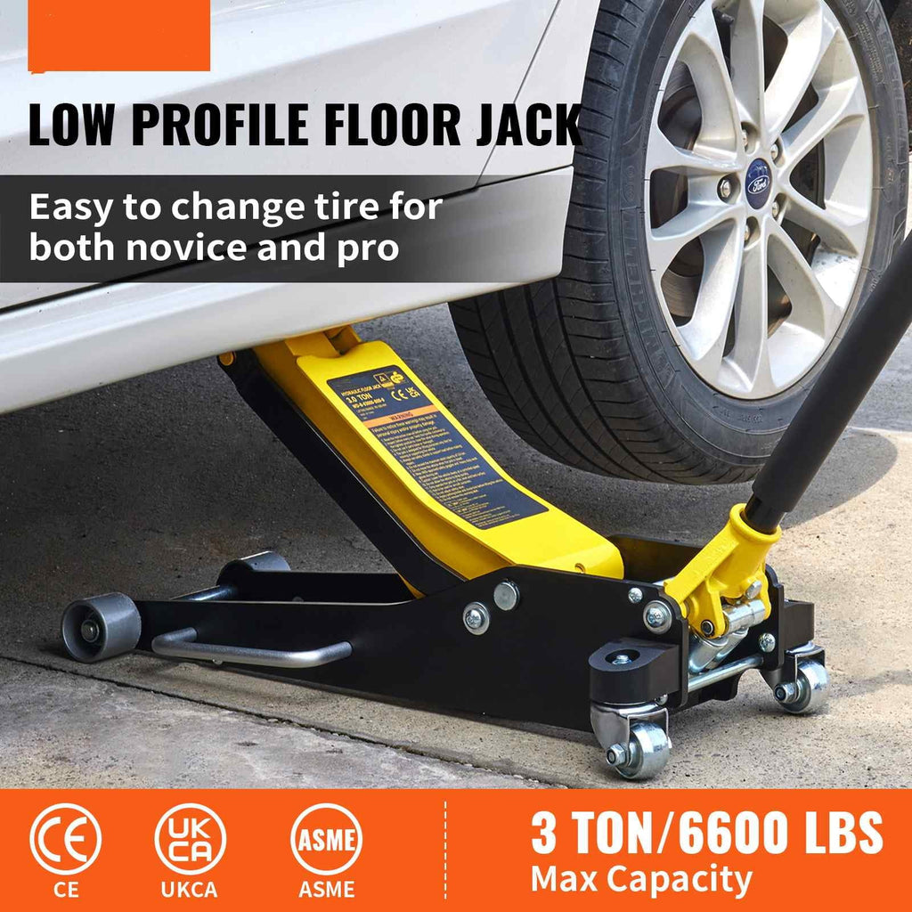 BENTISM Low Profile Floor Jack 3 Ton (6600 lbs), Aluminum and Steel Hydraulic Racing Floor Jack, Dual Piston Quick Lift Pump, 19-11/16-3-6/11 Height Lifting Range, Yellow+Black