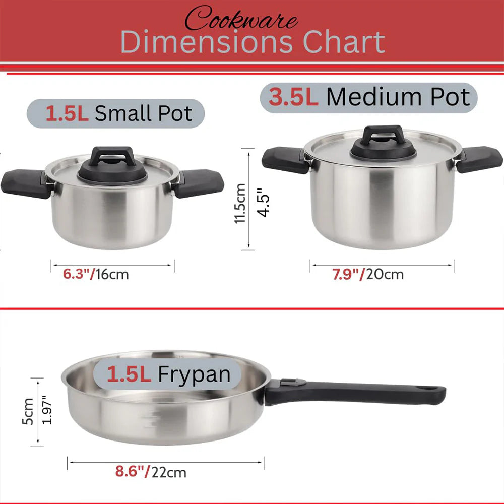 6 Piece Stainless Steel Nesting Camping Cookware Set with Detachable Handle Frying Pan