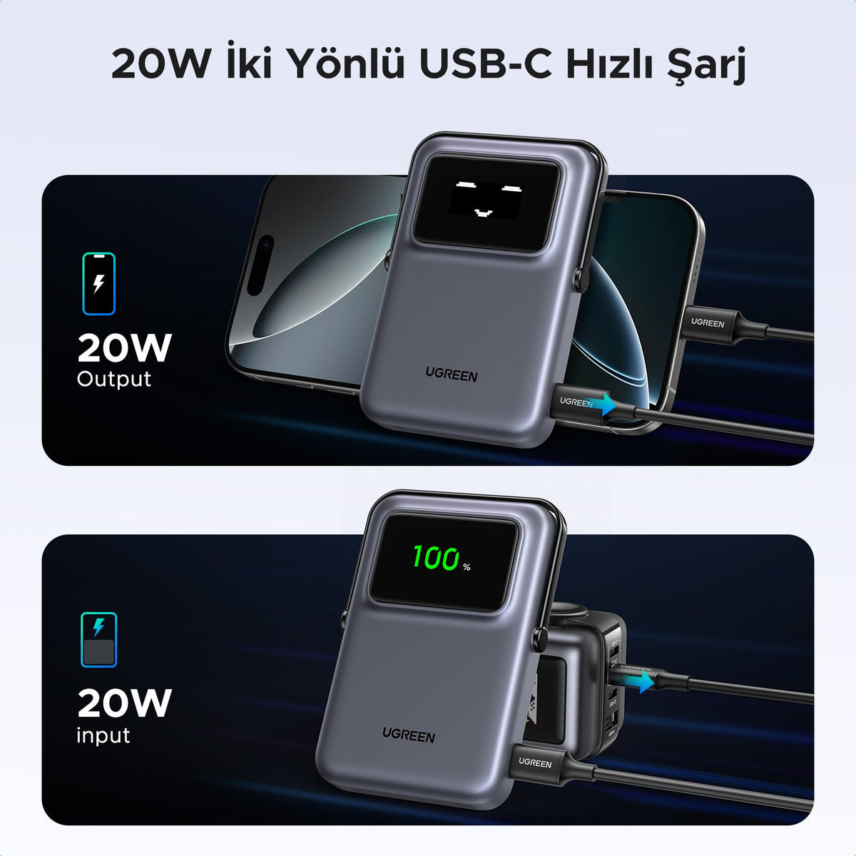 UGREEN Uno Manyetik Kablosuz Powerbank 10000mAh Qi 20W (Gri)
