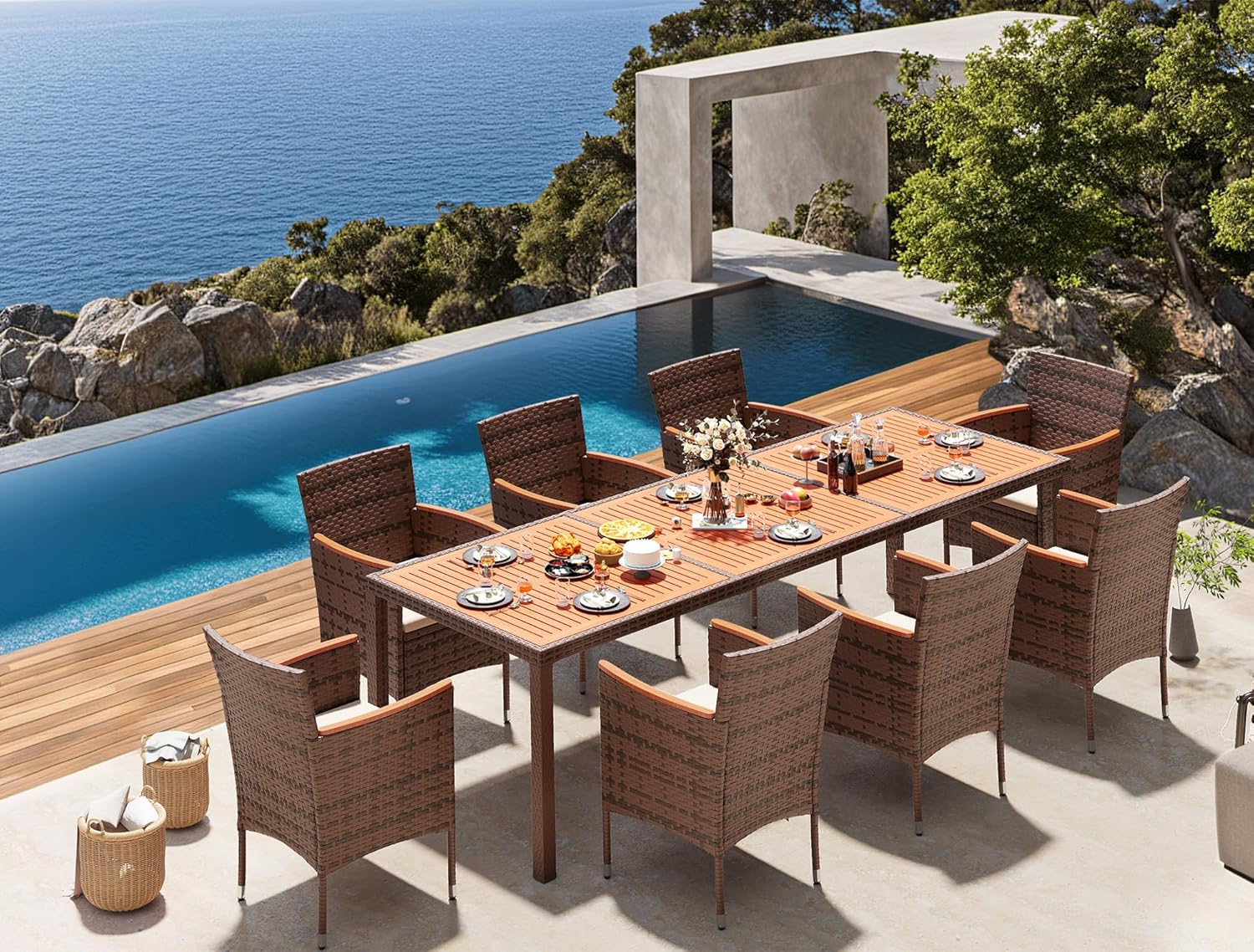 Devoko Dining 7 PCS Furniture, Patio Conversation Set with Acacia Wood Table Top, Rattan Outdoor, Black