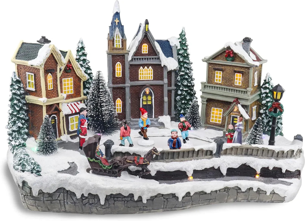 Large Animated Christmas Village Skating Town - Lighted Resin Musical Snow Scene