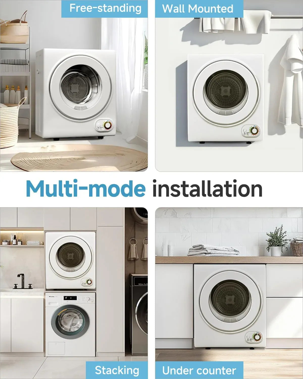 110V Portable Dryer â?850W Compact Clothes Dryer with 4 Automatic Drying Modes, Stainless Steel Tub, Simple Control Knob for Apartments, Dorms & Small Spaces