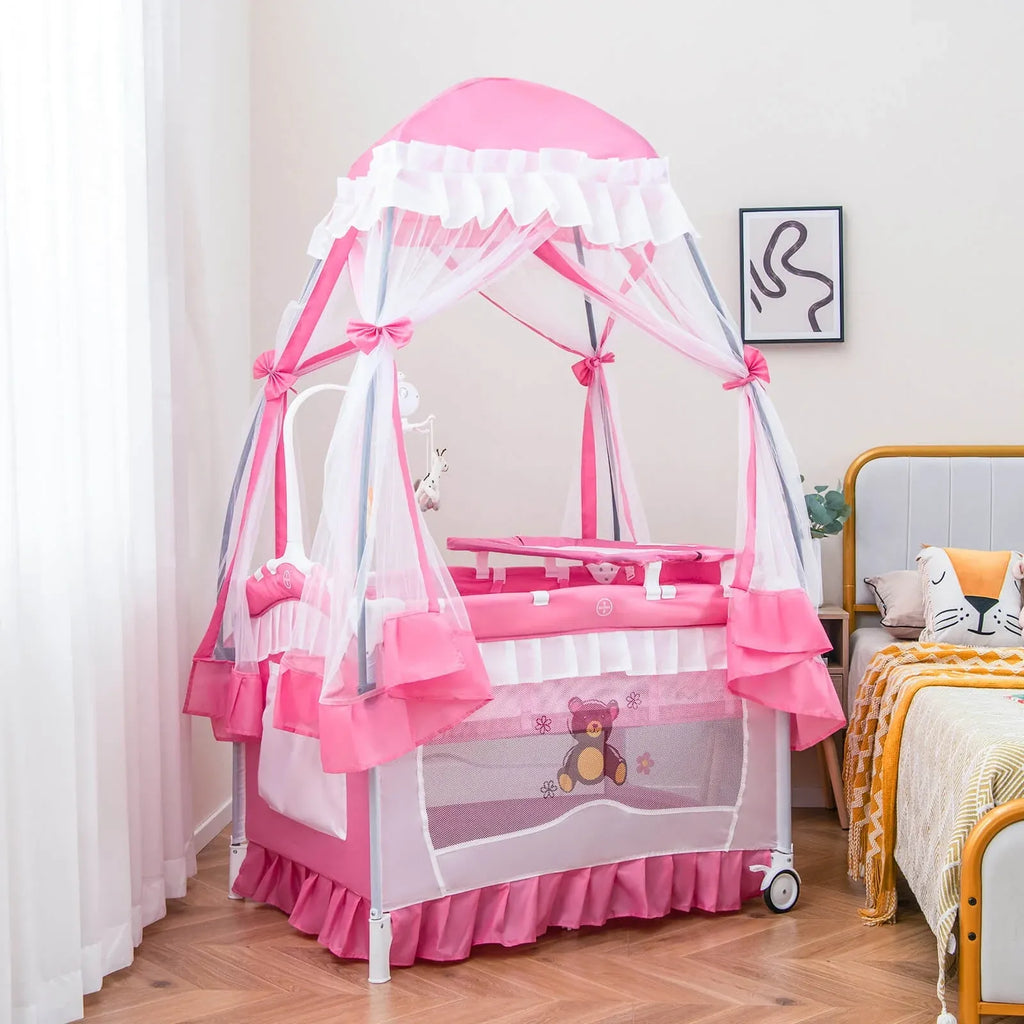 Costway Baby Playard Crib Bed 4 in 1 Portable with Changing Table Canopy Music Box Pink