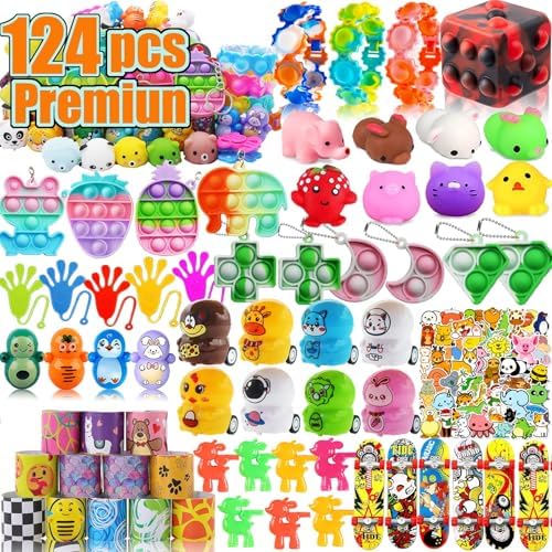 124 Pcs Pop Party Favors for Kids, Fidget Treasure Box Toys, Classroom Prizes, Pinata Filler Goodie Bag Stuffers,Treasure Chest, Carnival Prize Box Bulk Toys for Boys Girls