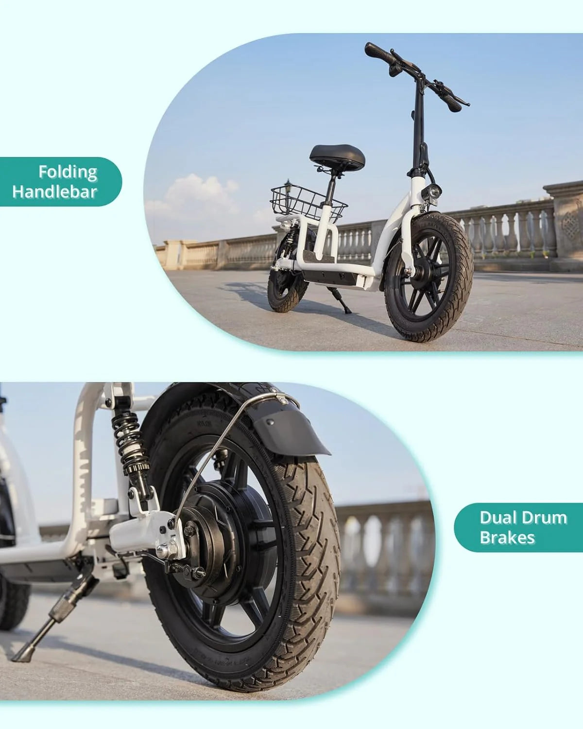 Gotrax adult electric scooter with seat, maximum range of 19-25 miles, all-terrain tires, wide pedals, padded seat, and carrycot