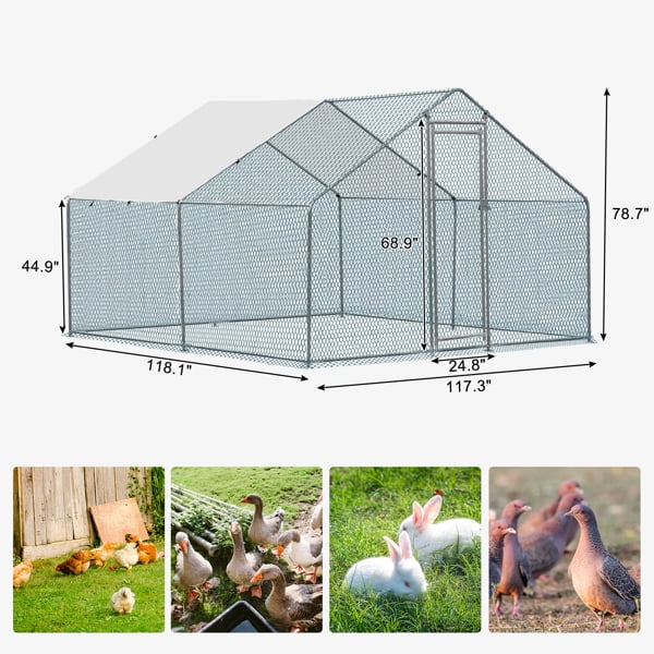 Al Fresco Large Metal Chicken Coop, Walkin Poultry Cage for Yard with Waterproof Cover, Peaked Roof for Hen House, Duck and Rabbit, Silver, 10 x 10 ft