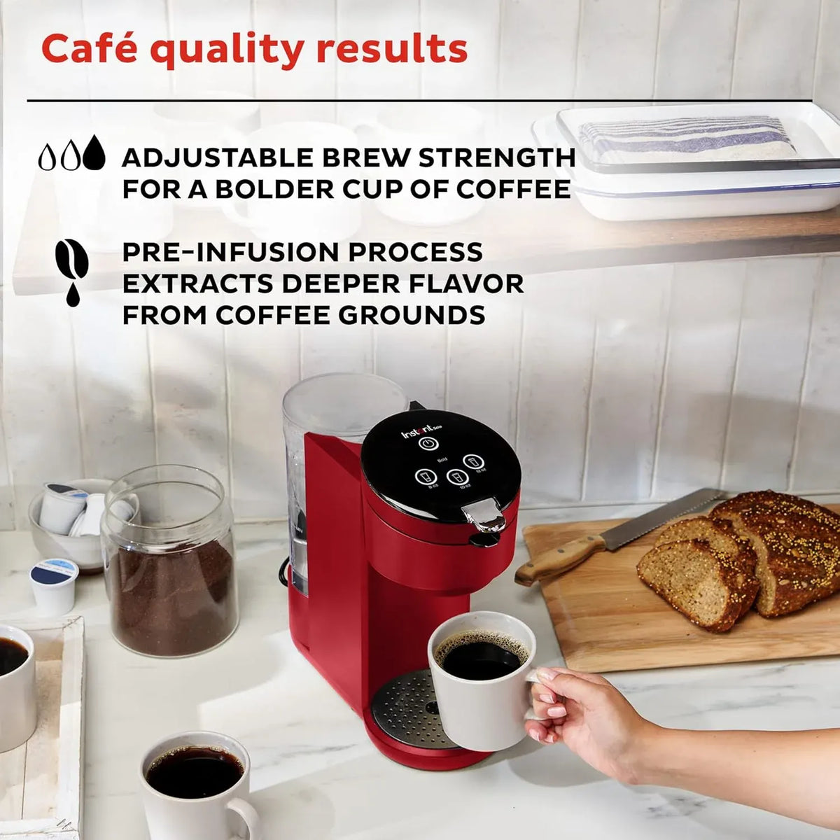 Instant Solo Single Serve Coffee Maker, From the Makers of Pot, K-Cup Pod Compatible Brewer, Includes Reusable & Bold Setting, Brew 8 to 12oz., 40oz. Water Reservoir, Red