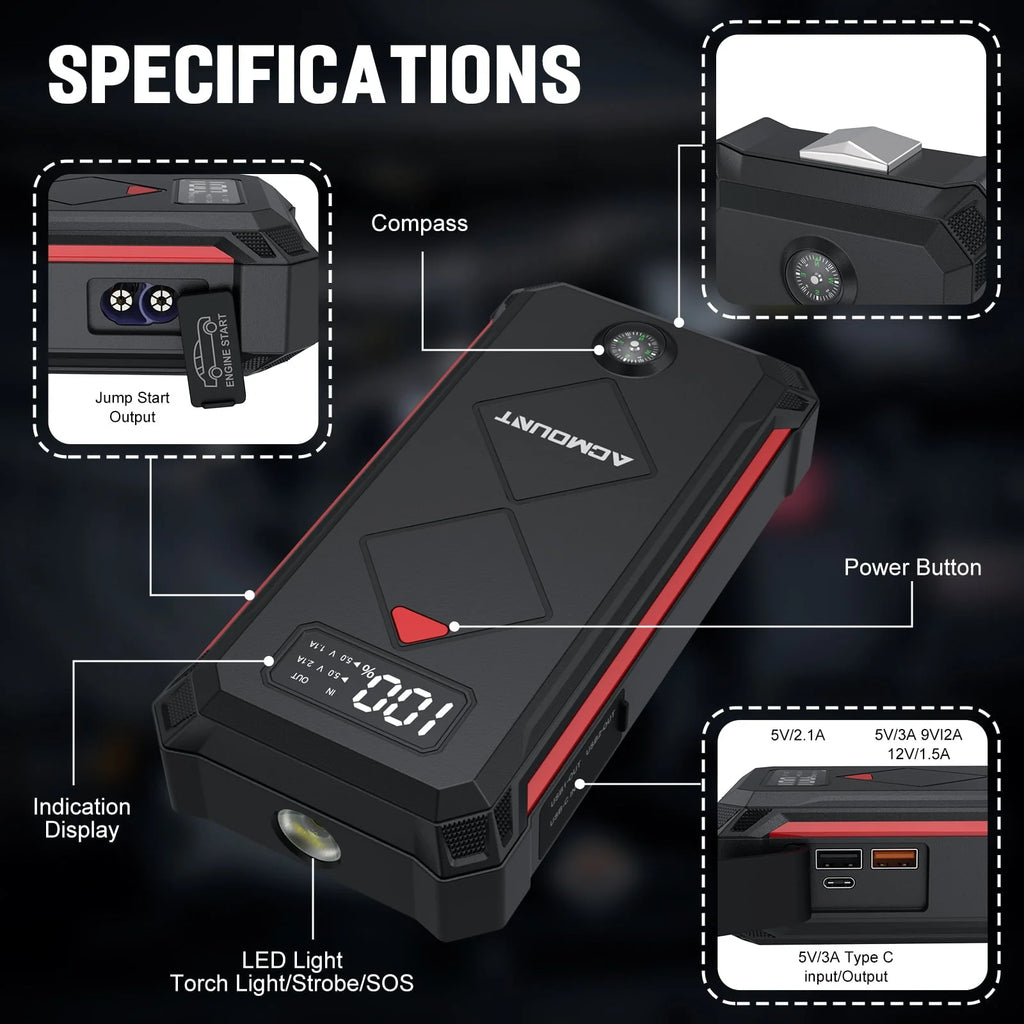 Car Jump Starter, Acmount 2000A 12V Portable Battery Jump Starter Box for up to 9L Gas or 7L Diesel Engine with LED Screen & LED Light