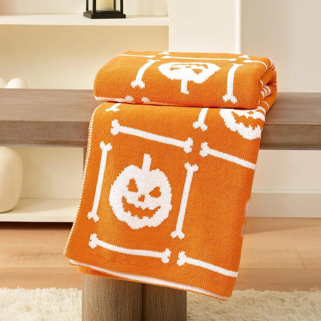 AmÃ©lie Home Halloween Throw Blanket for Couch, Reversible Pattern Pumpkin Skull Themed, Chenille Knit Stitch Pattern Soft Cozy for Bed Home Decor, 50 x 60, Pumpkin Skeleton Checkerboard