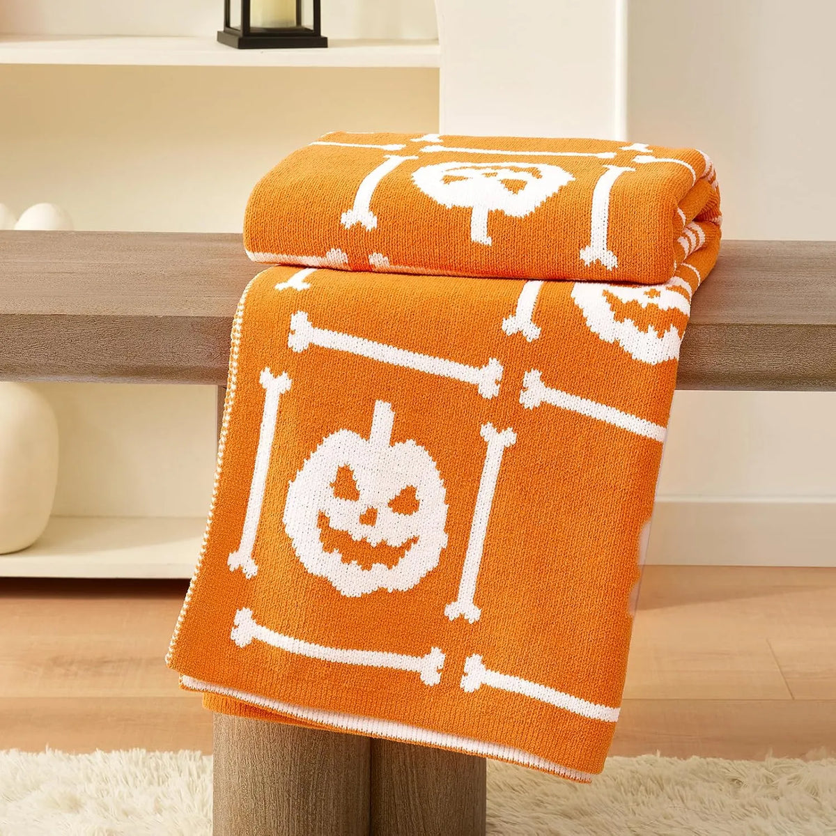 AmÃ©lie Home Halloween Throw Blanket for Couch, Reversible Pattern Pumpkin Skull Themed, Chenille Knit Stitch Pattern Soft Cozy for Bed Home Decor, 50 x 60, Pumpkin Skeleton Checkerboard