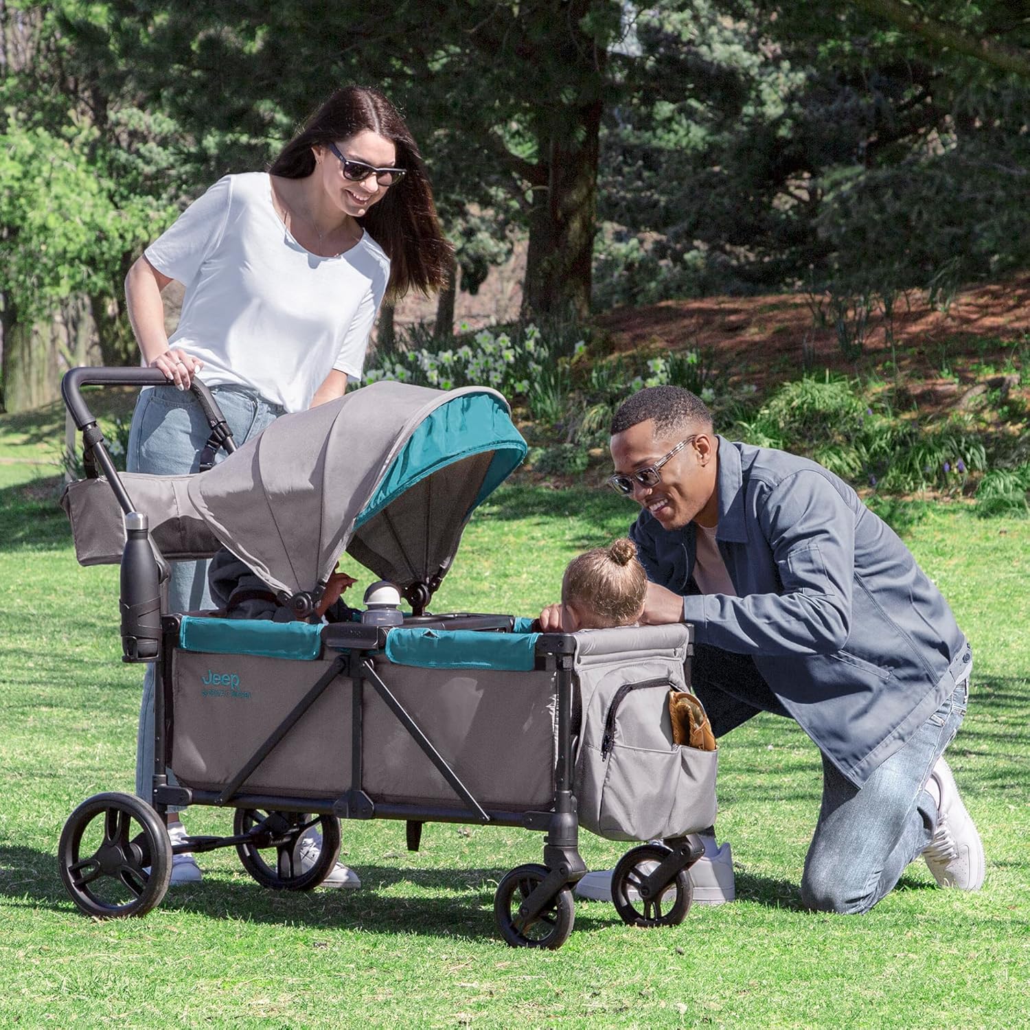 Jeep Sport All-Terrain Stroller Wagon by Delta Children - Includes Canopy, Parent Organizer, Adjustable Handlebar, Snack Tray & Cup Holders, Grey/Olive Green