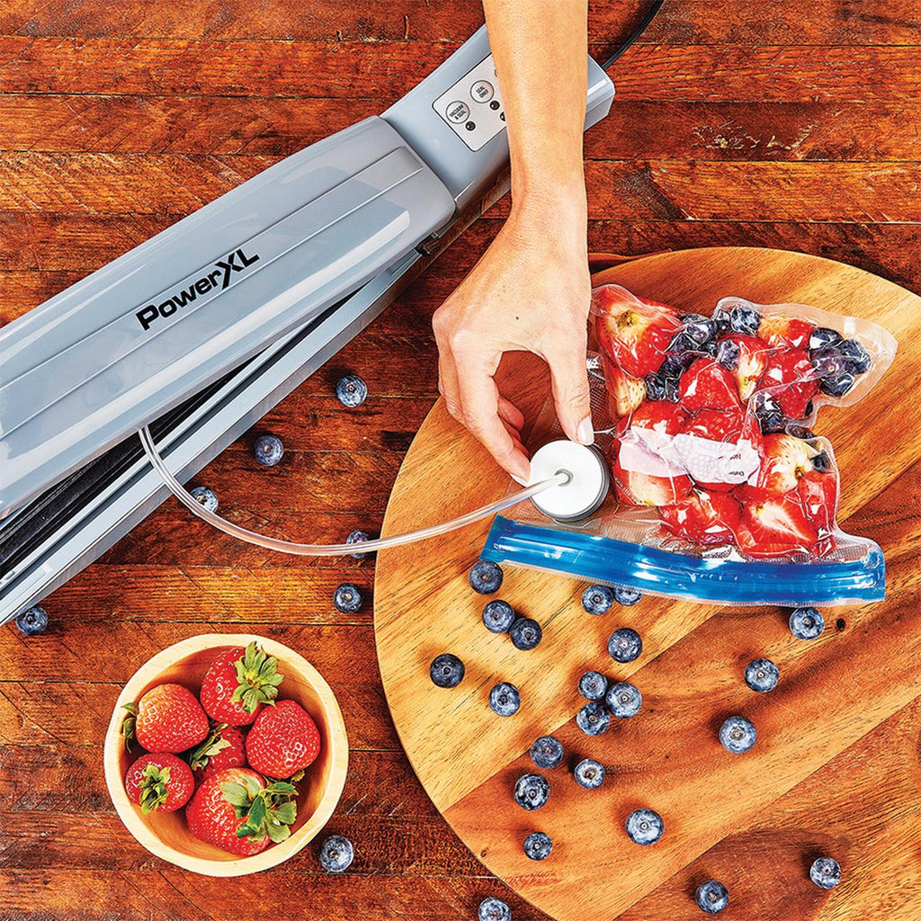 PowerXL Duo NutriSealer Plus 6-in-1 Vacuum Sealer Machine with Vacuum Seal Bags and 2-pc. Roll Set， Food Preservation System， Gray