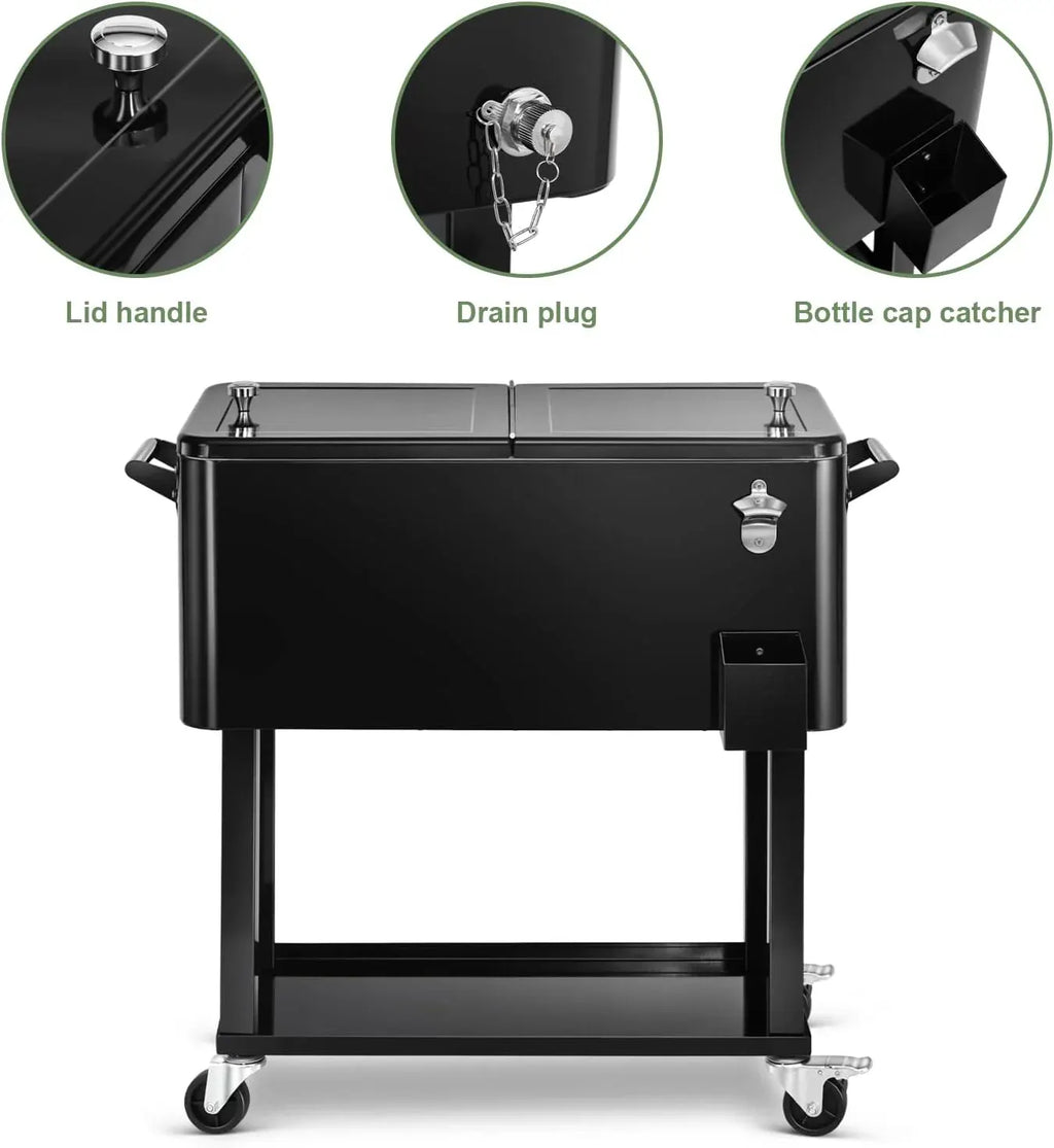 EDOSTORY 80 Quart Rolling Ice Chest Cooler Cart,Patio Backyard Party Drink Beverage Bar Stand Up Cooler Trolley with Ice Scoop