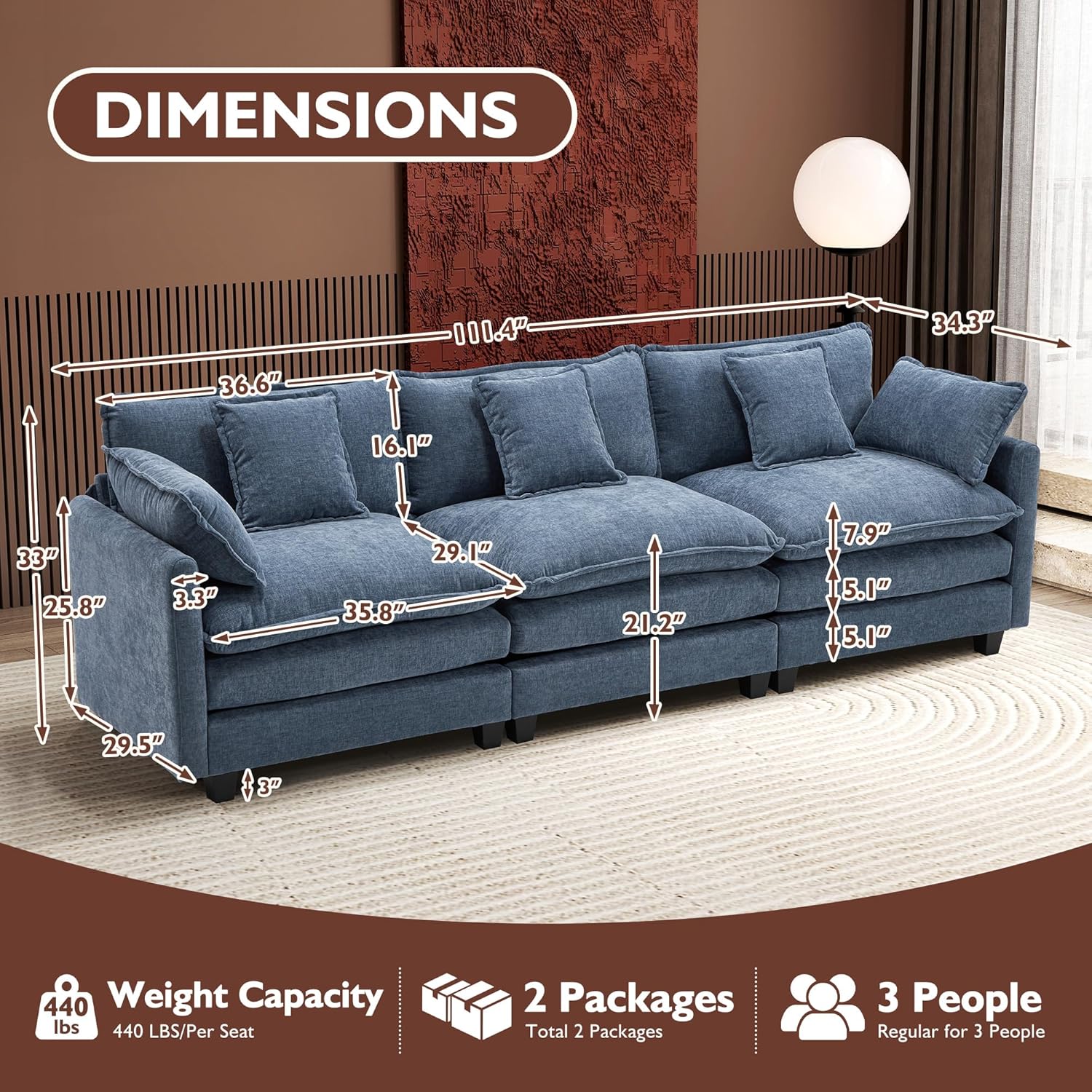 ihanherry 146-inch U-shaped modern sofa modular area cloud sofa