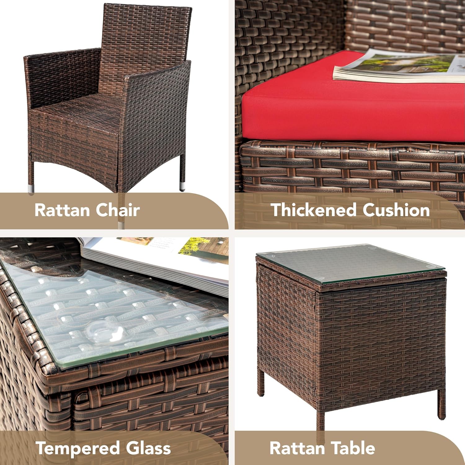 Devoko Patio Porch Furniture Sets 3 Pieces PE Rattan Wicker Chairs with Table Outdoor Garden Furniture Sets (Brown/Beige)
