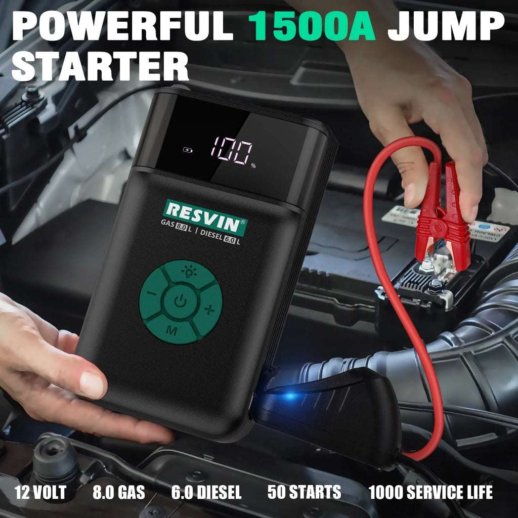 RESVIN Jump Starter with Air Compressor, 1500A 13500mAh Battery Starter with 120PSI Digital Tire Inflator, 12V Lithium Battery Pack for Vehicles, Car Battery Booster for 8.0L Gas or 6.0L Engines