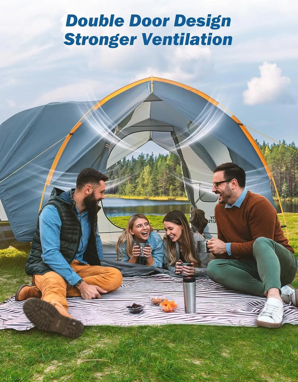 Tent for Camping with Rainfly, Double Door Design Car Tent with Aluminum Poles, SUV Tailgate Tent with Waterproof PU2000mm Double Layer for 4-8 Person, Orange