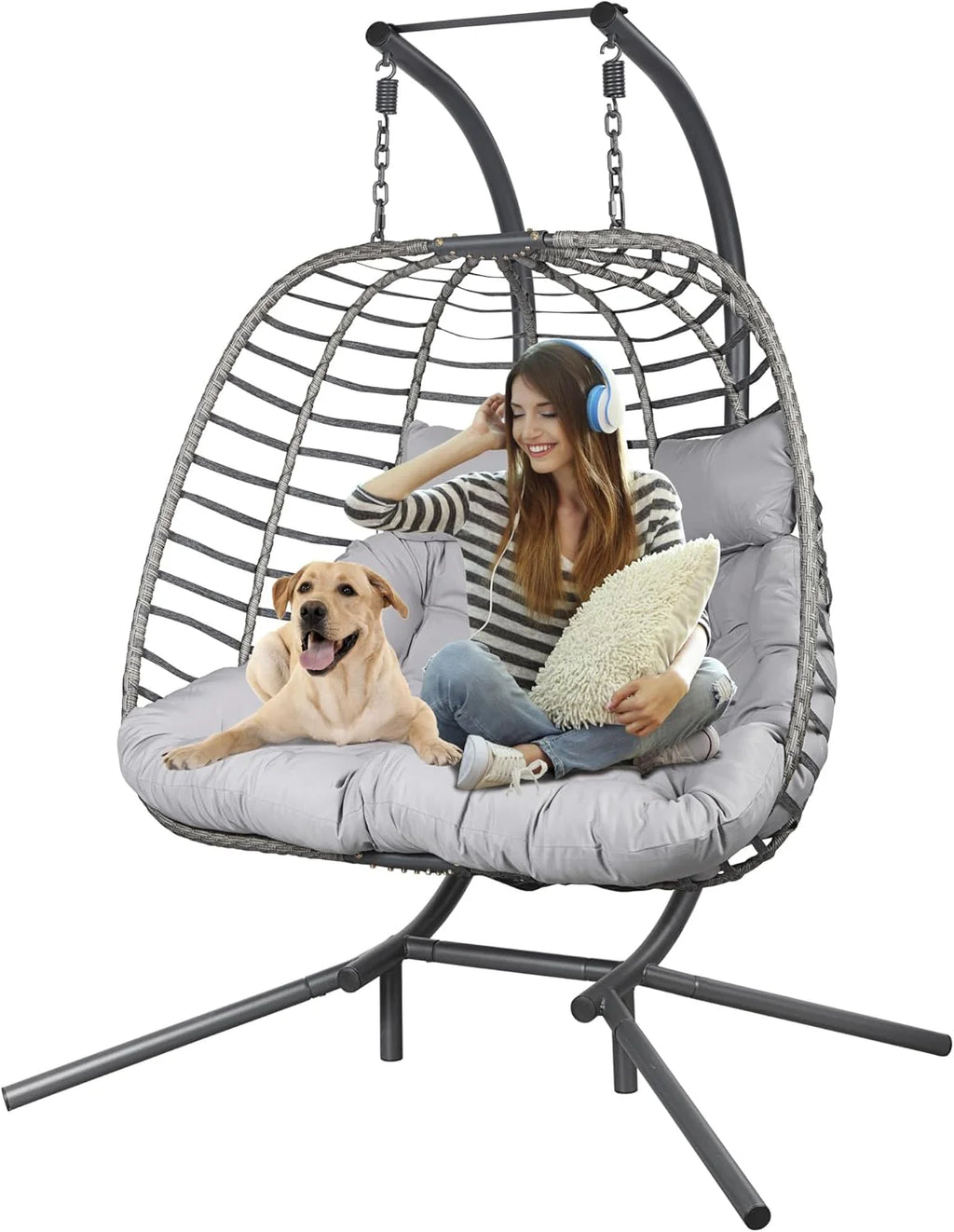 HWB Hanging Egg Chair Patio Wicker Hammock Egg Swing Chair with Cushion for Bedroom