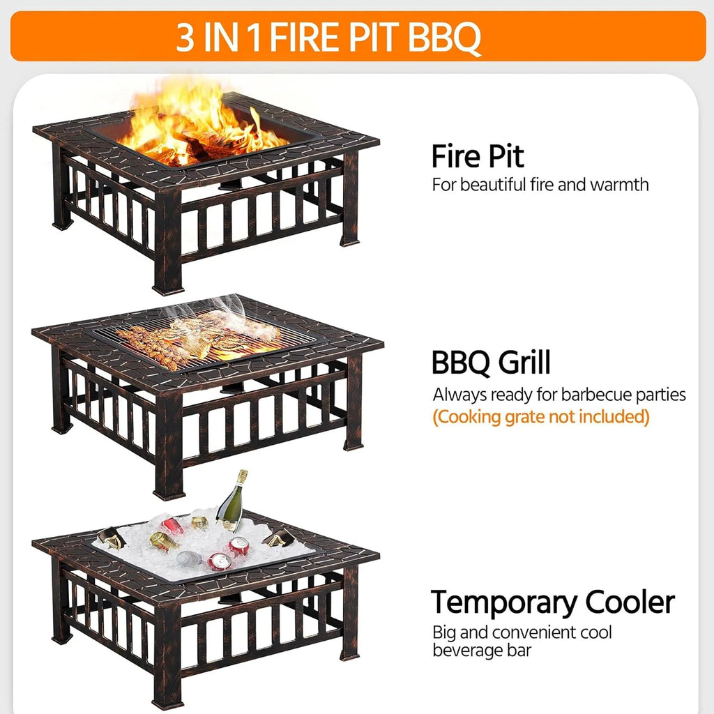 Yaheetech Multifunctional Fire Pit Table 32in Square Metal Firepit Stove Backyard Patio Garden Fireplace for Camping, Outdoor Heating, Bonfire and Picnic