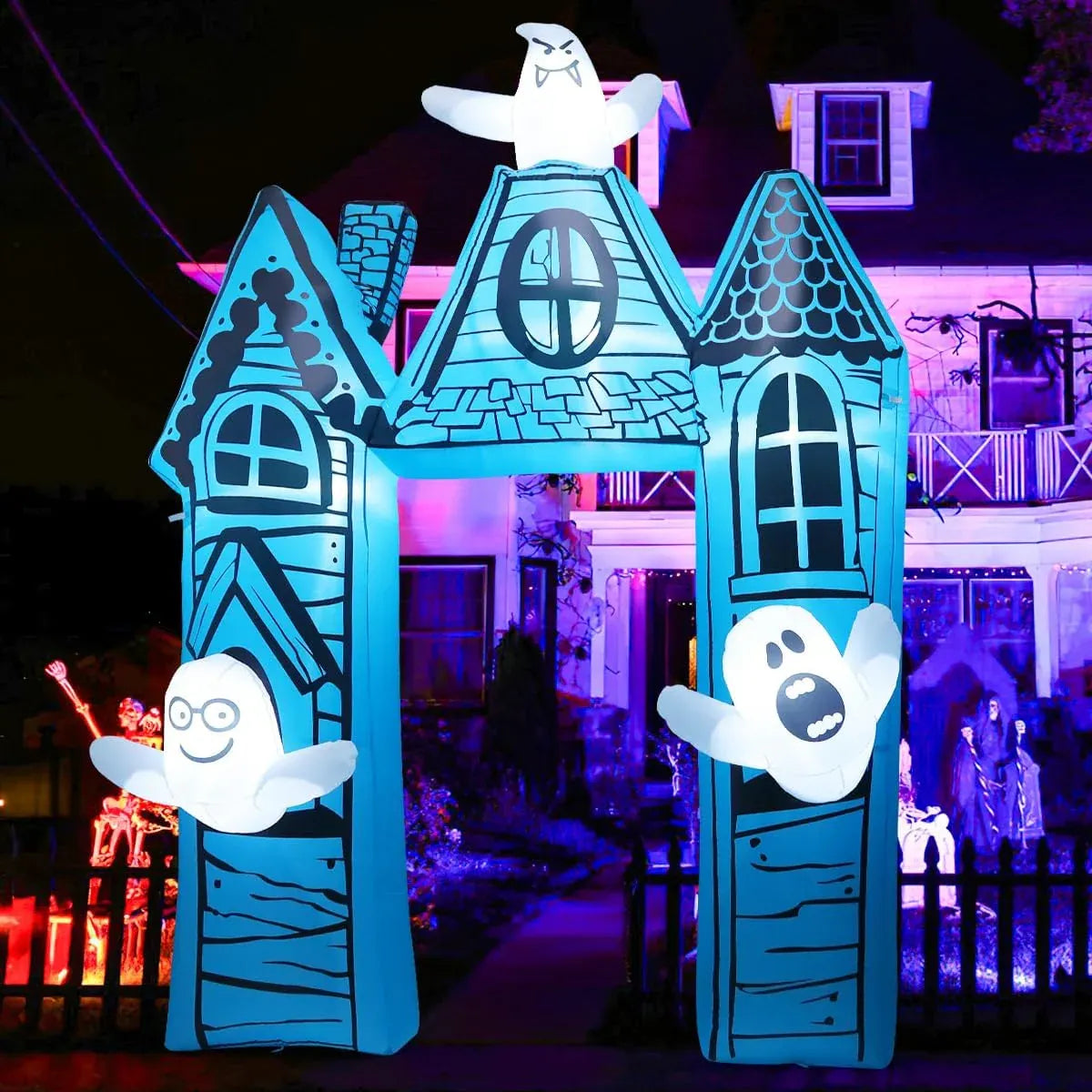 11.8 FT Halloween Inflatables Archway Outdoor Decorations Blow Up Yard Ancient Castle Archway with Ghost with Built-in LEDs for Garden Lawn Indoor Party Decor
