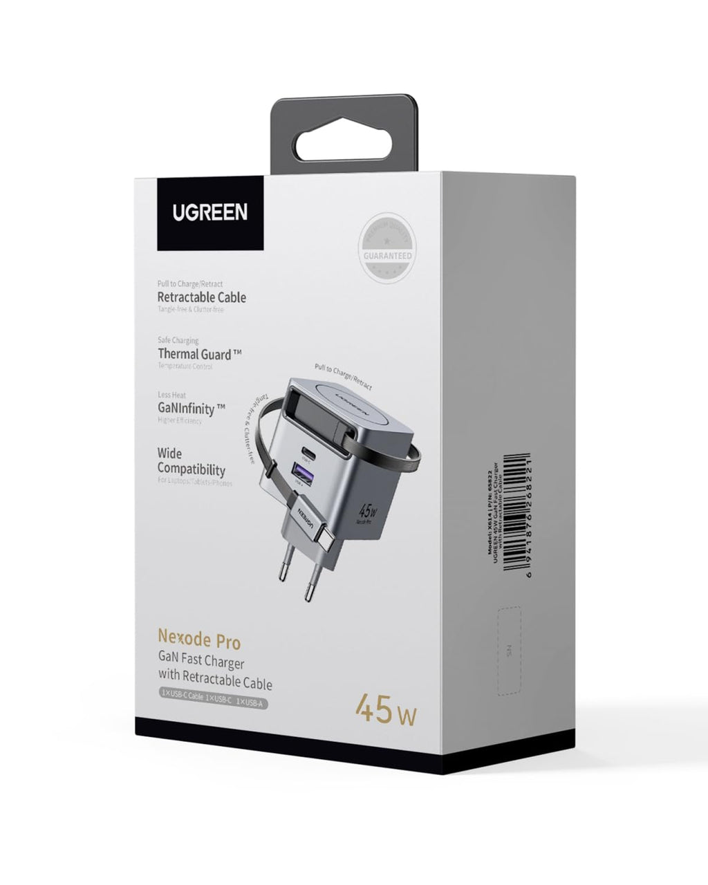 UGREEN Nexode Pro 45W 3 Port Şarj Cihazı (Geri Çekilebilir Kablolu)