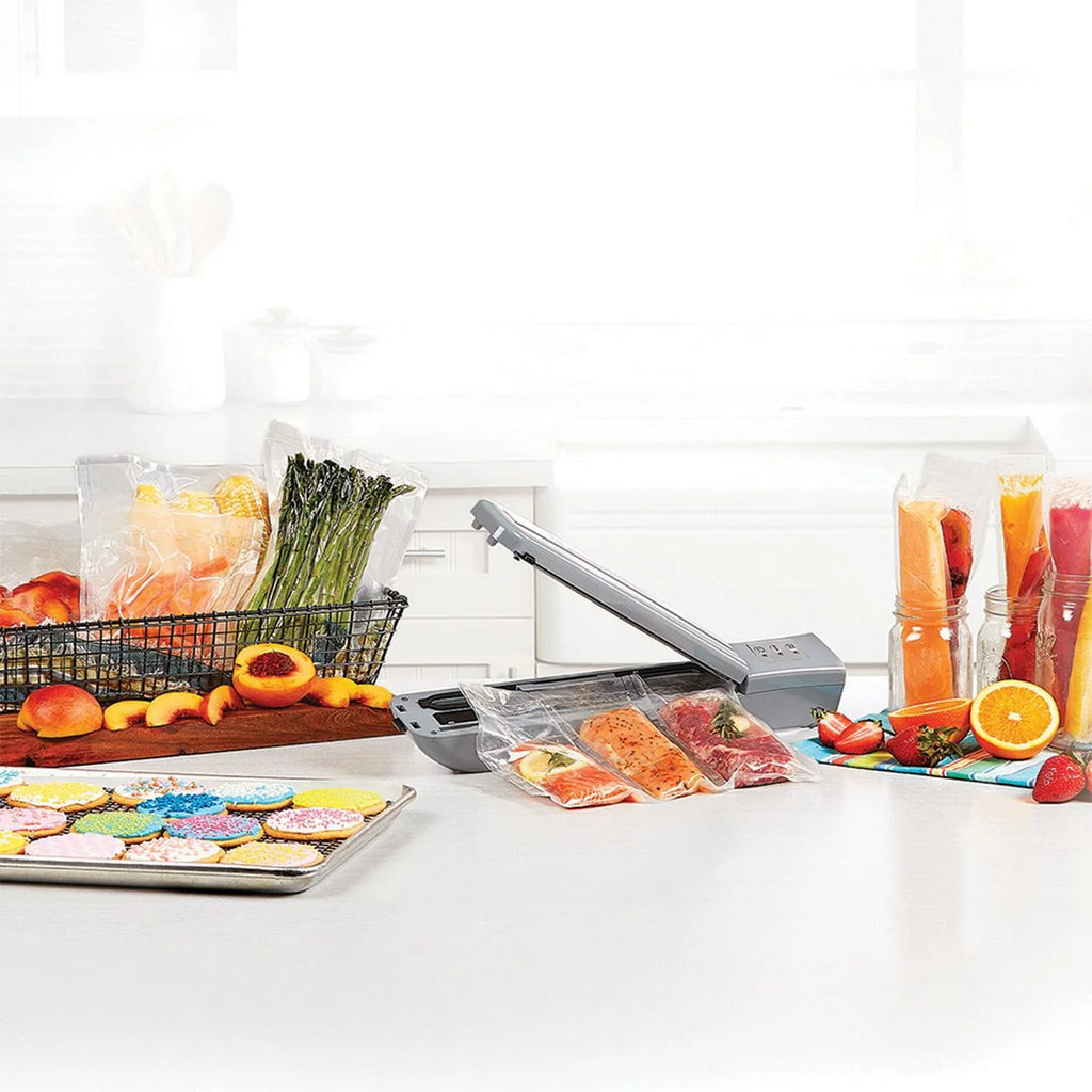 PowerXL Duo NutriSealer Plus 6-in-1 Vacuum Sealer Machine with Vacuum Seal Bags and 2-pc. Roll Set， Food Preservation System， Gray