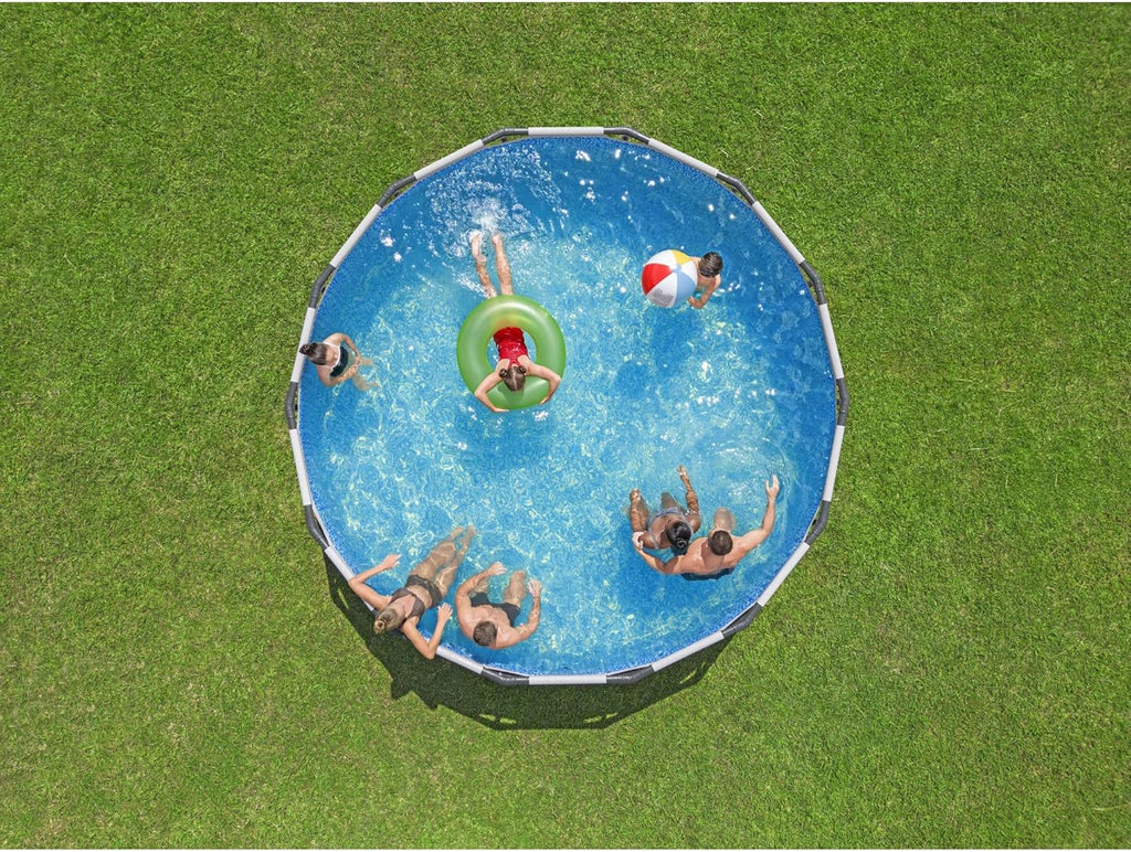 Steel Pro MAX 14 Foot x 48 Inch Round Metal Frame Above Ground Outdoor Swimming Pool Set with 1,000 Filter Pump, Ladder, and Cover, Gray