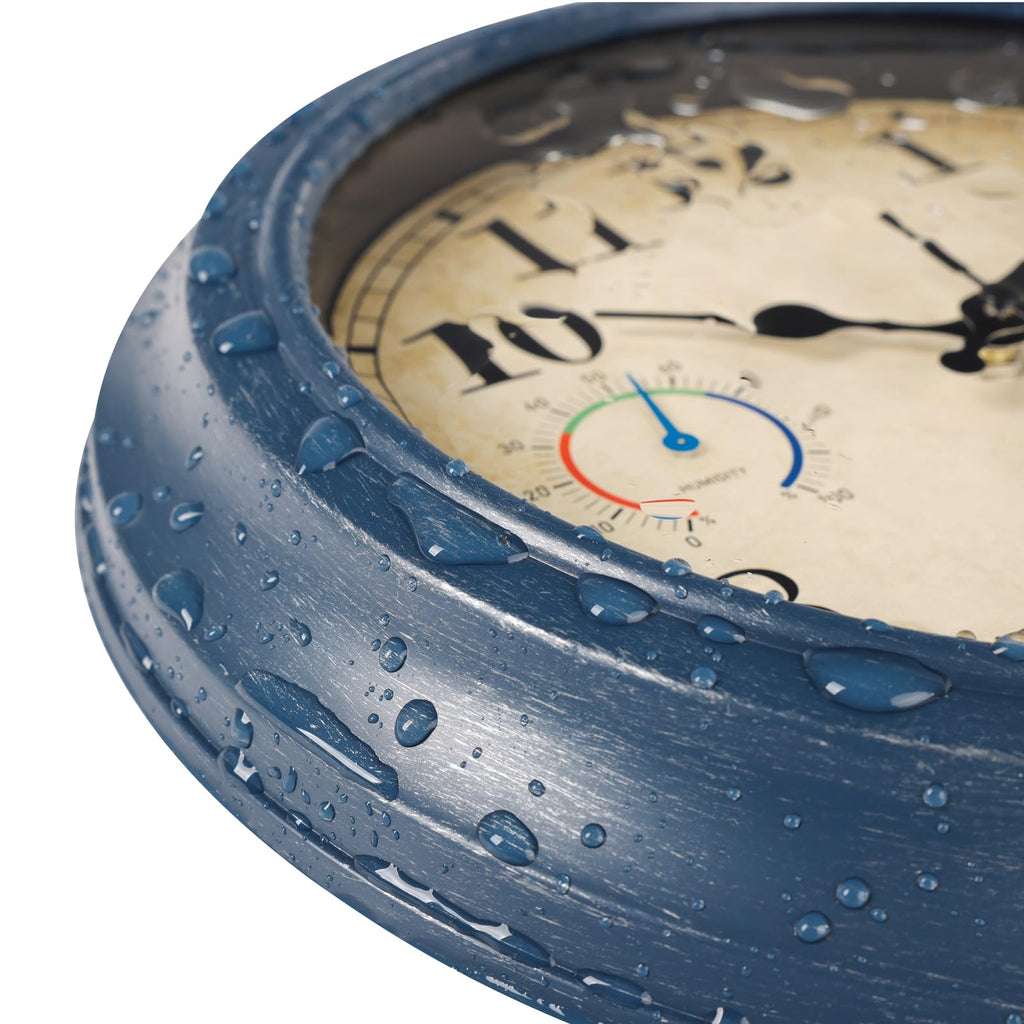 12 Inch Outdoor Clock with Thermometer and Hygrometer Combo, Waterproof Indoor Outdoor Wall Clocks for Patio, Pool, Garden, Bathroom Decor- Blue