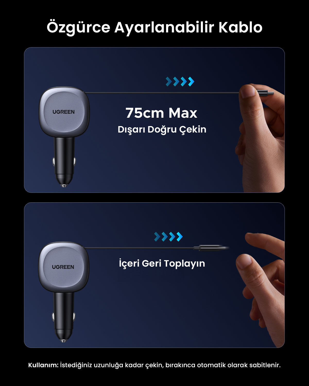 UGREEN 75W 2 Port Geri Çekilebilir Kablolu Araç Şarj Cihazı