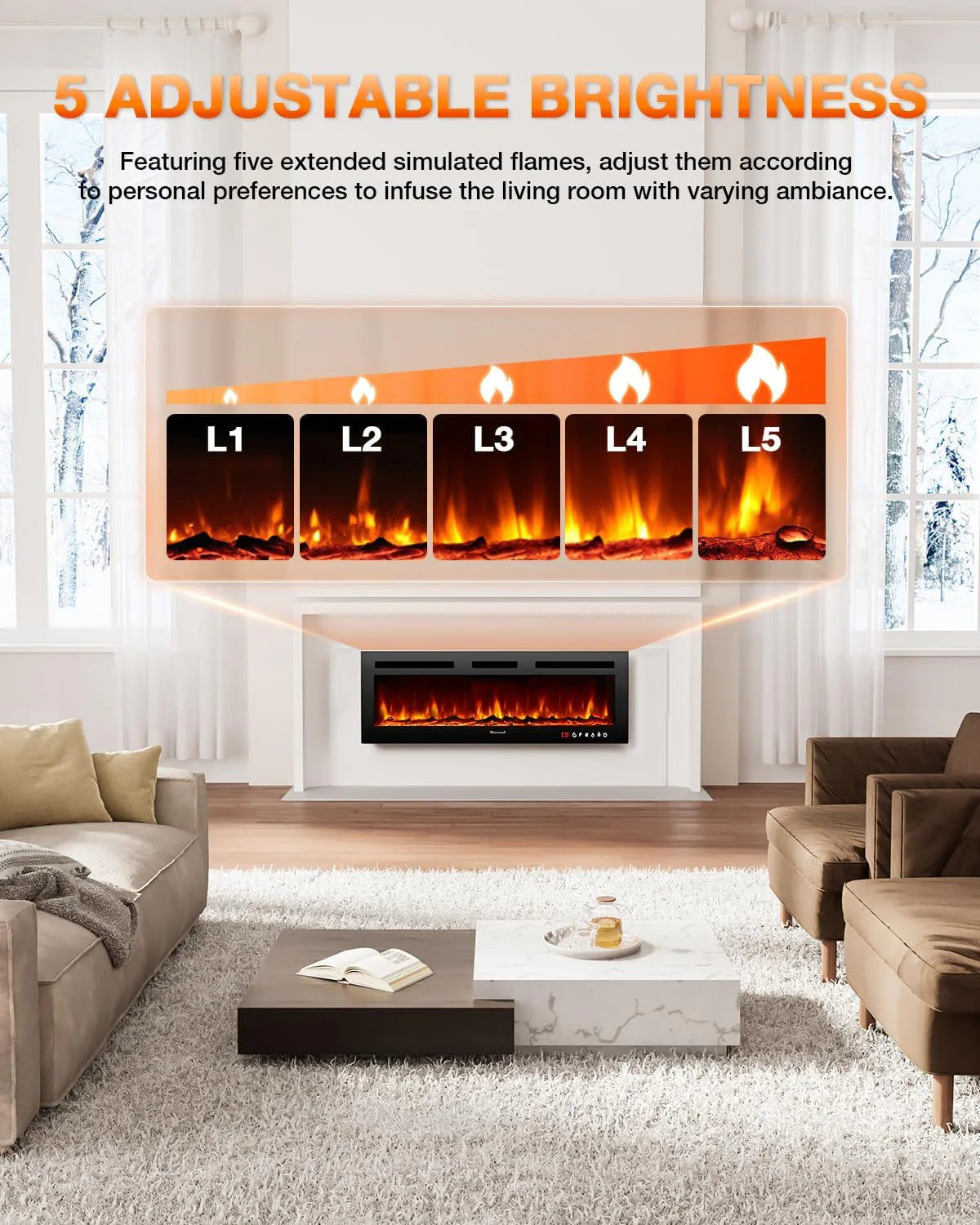 Electric Fireplace 60Inch,Wall Mounted Electric Fireplace Heater with Timer Inserts��TV Stand Touch Screen and Realistic Flame,Log Set,Crystal Flames 750 to 1500W��Remote for Living Room