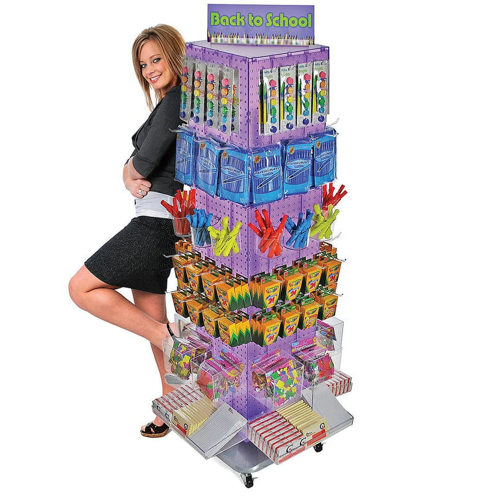 Azar Displays 701465-ORG Orange Four-Sided Pegboard Tower Floor Display on Revolving Wheeled Base. Spinner Rack Stand. Panel Size: 14W x 60H