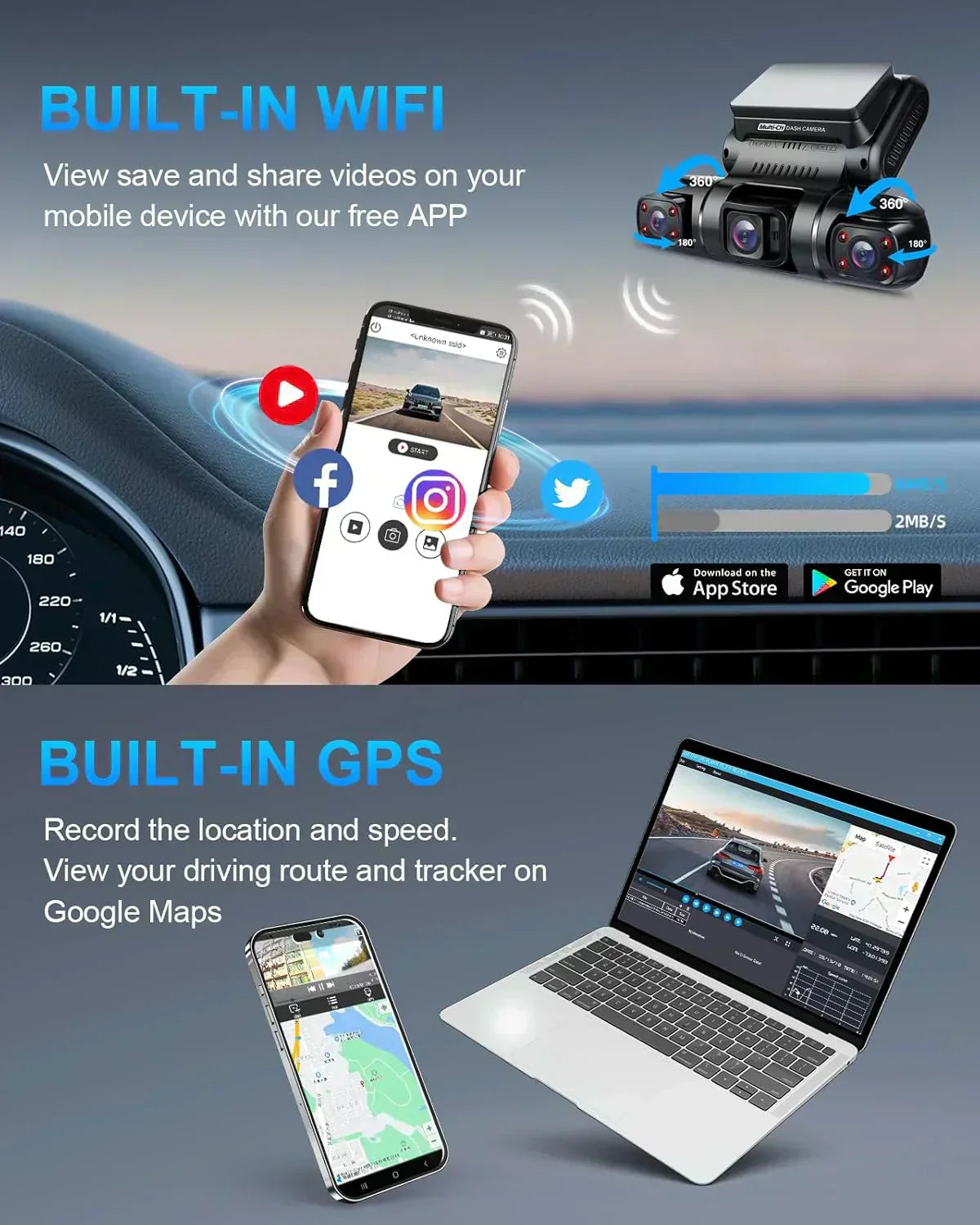 PRUVEEO 360-degree view car dash cam built-in GPS WiFi recording parking mode monitor