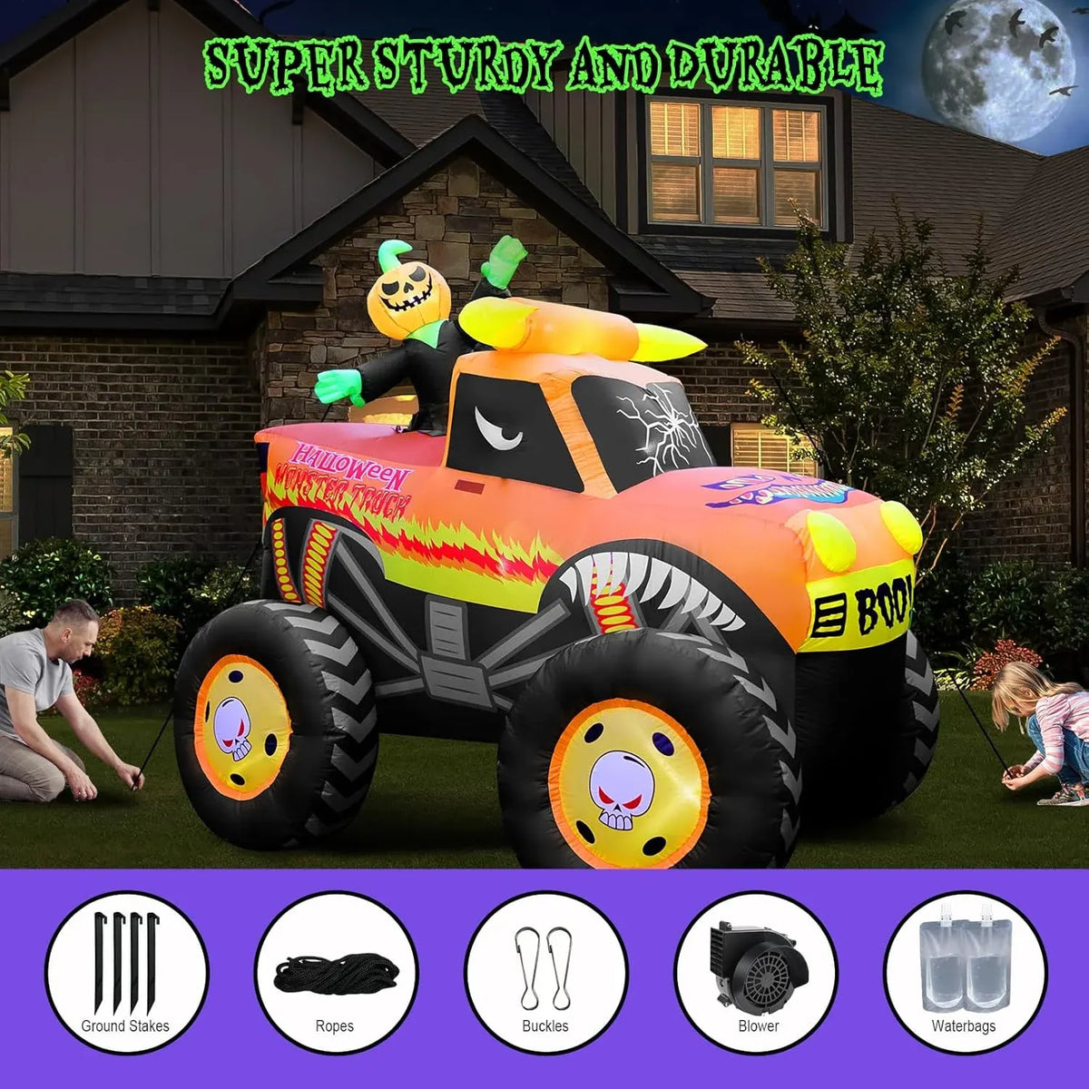 8FT Halloween Inflatable Pumpkin Monster Truck, Inflatable Vehicle Yard Decorations Built-in 8 LED for Halloween Inflatables Outdoor Decoration Home Party Supplies Lawn Halloween Decor