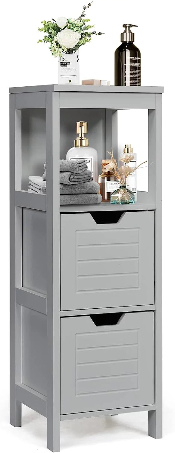 Bathroom Storage Cabinet, Freestanding Wooden Side Storage Cabinet with 2 Adjustable Drawers, Space-Saving Floor Cabinet for Living Room Bathroom Bedroom Entryway (Grey)