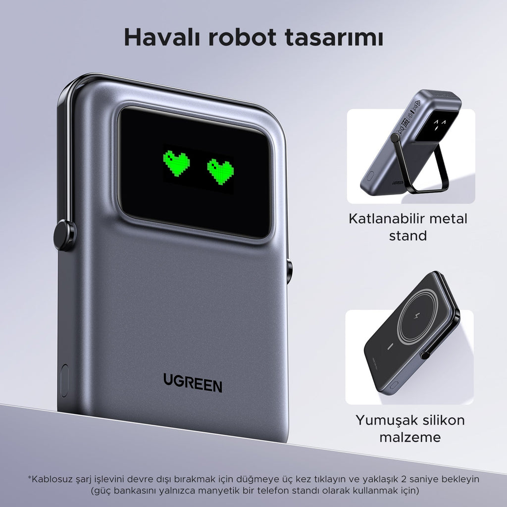 UGREEN Uno Manyetik Kablosuz Powerbank 10000mAh Qi 20W (Gri)
