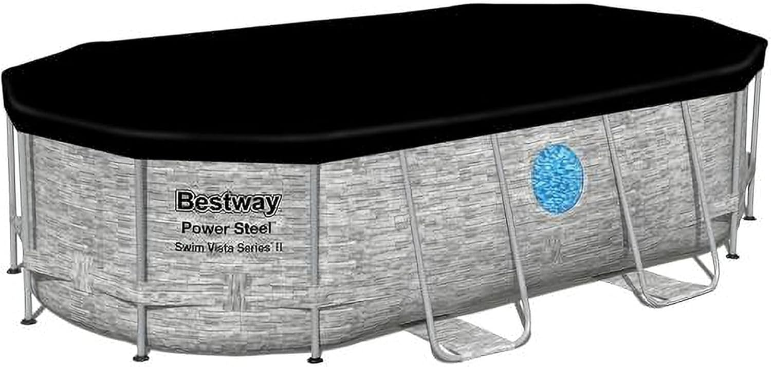 Power Steel Swim Vista Series II 14' x 8' 2 x 39.5 Above Ground Outdoor Swimming Pool Set with 530 GPH Filter Pump, Ladder, and Pool Cover