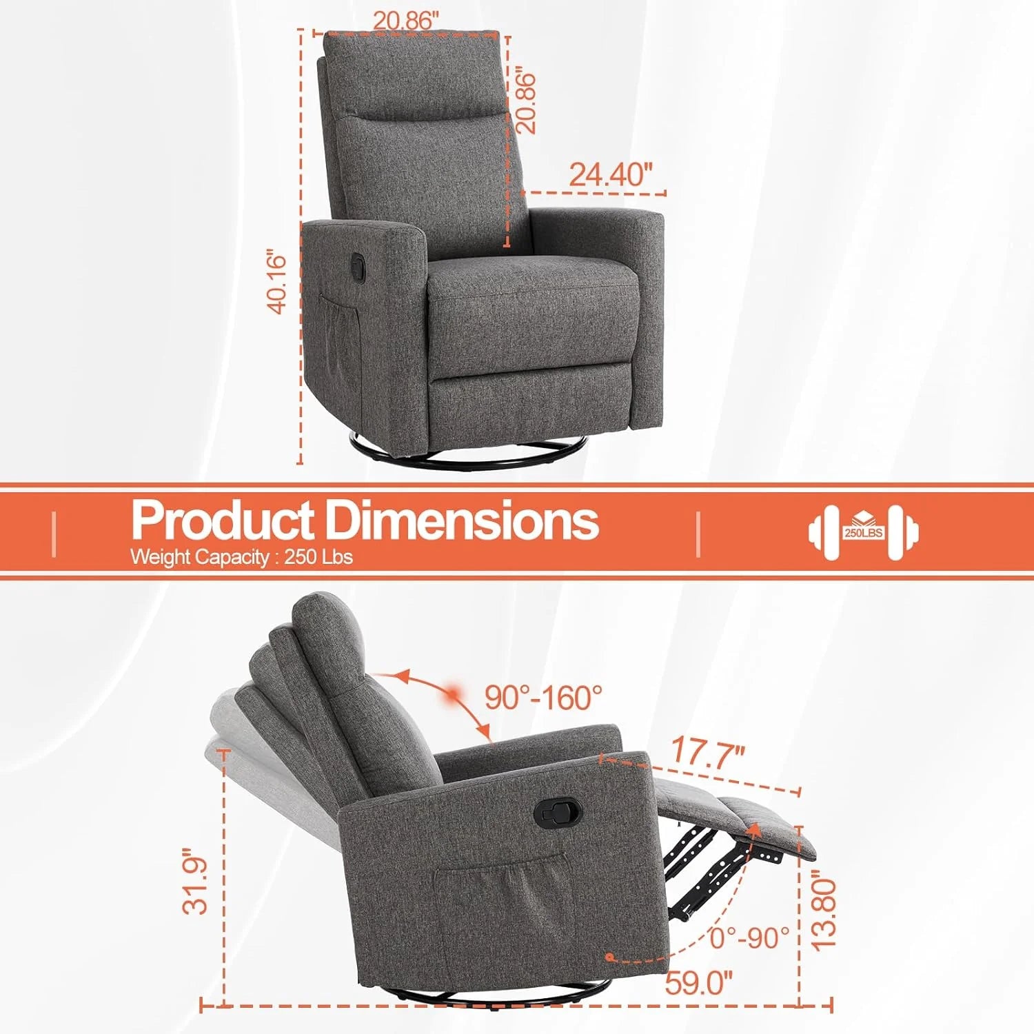Sweetcrispy Recliner Chair, 360 Swivel Rocker Chair for Adults, Glider Rocker Recliners, Nursery Chairs for Living Room, High Back, Upholstered Deep Seat, Classical Brown