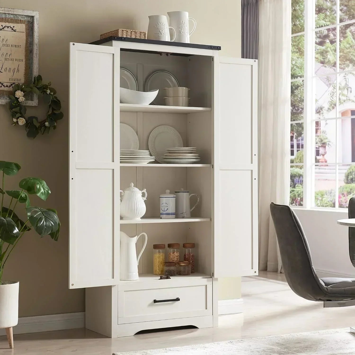 JXQTLINGMU Farmhouse Kitchen Pantry 72 Tall Wood Kitchen Storage Cabinet Adjustable Shelves