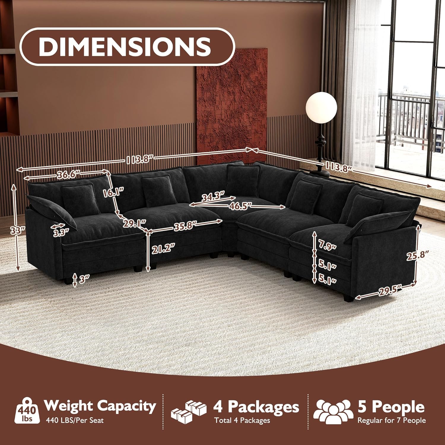 ihanherry 146-inch U-shaped modern sofa modular area cloud sofa