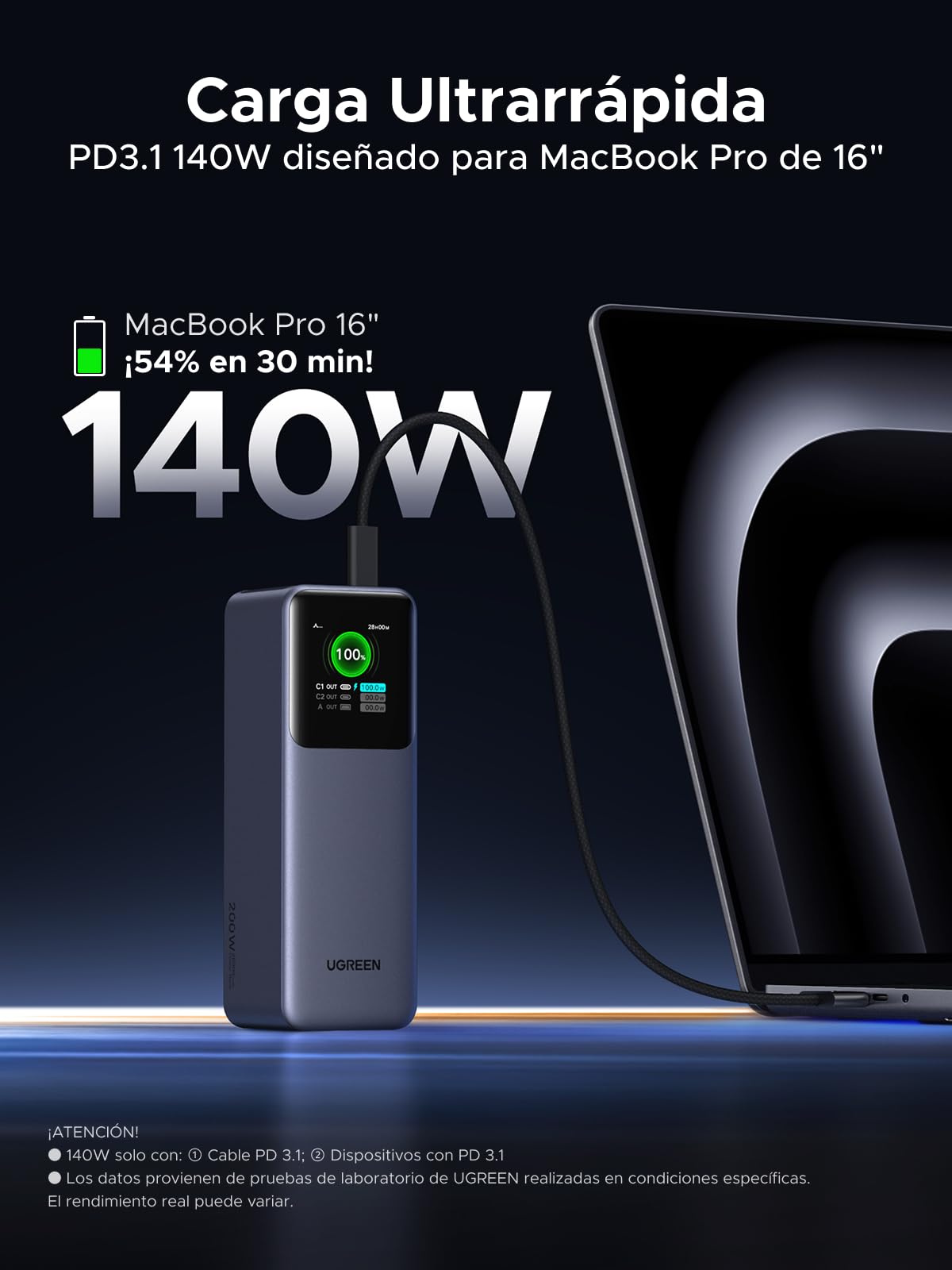 UGREEN Nexode Power Bank 25000mAh 140W, Batería Externa Carga con 2 USB C 1 Type A