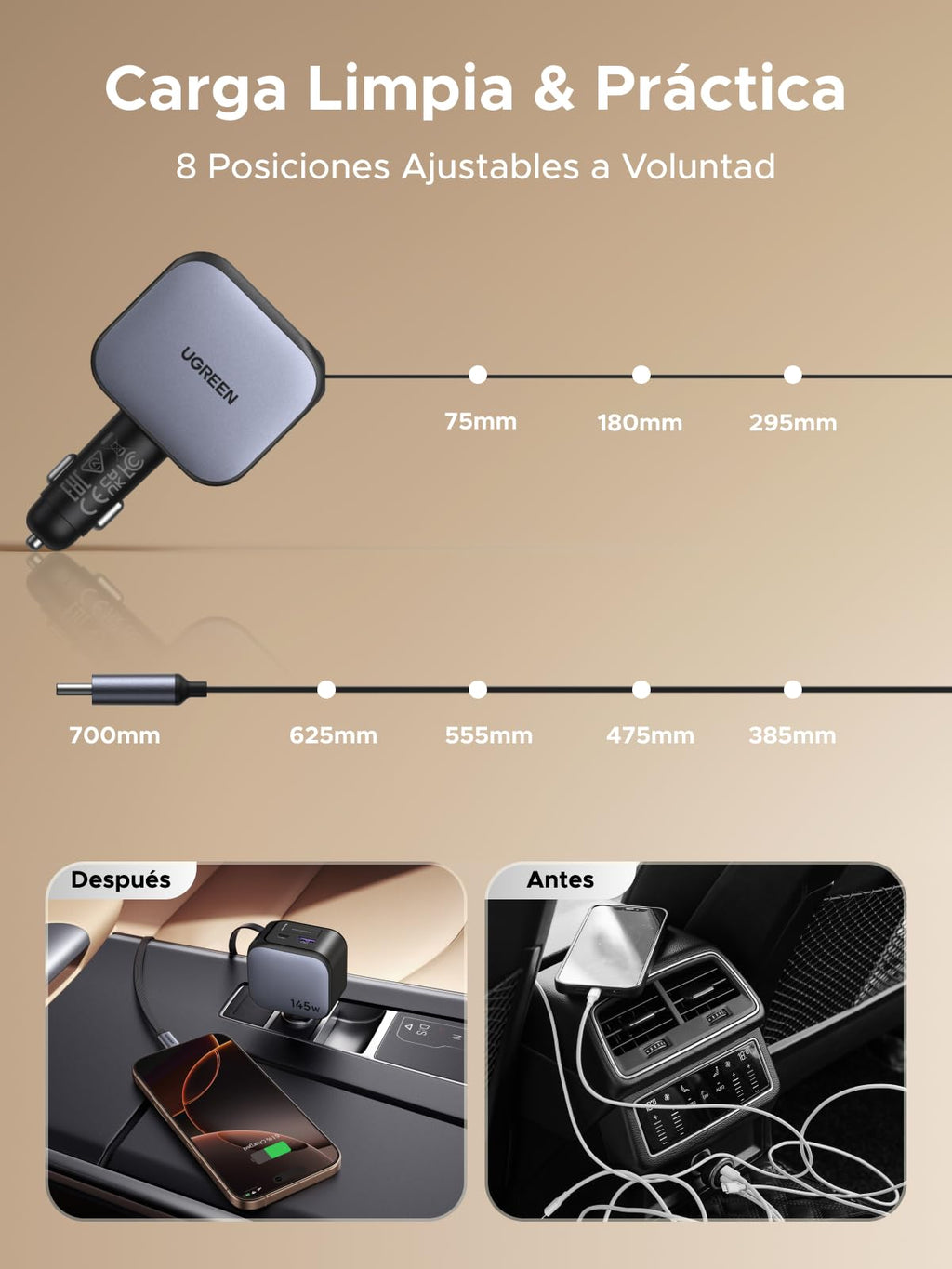 UGREEN 145W Cargador Coche Retráctil Carga Rápida 4 Puertas con Cable Retractil
