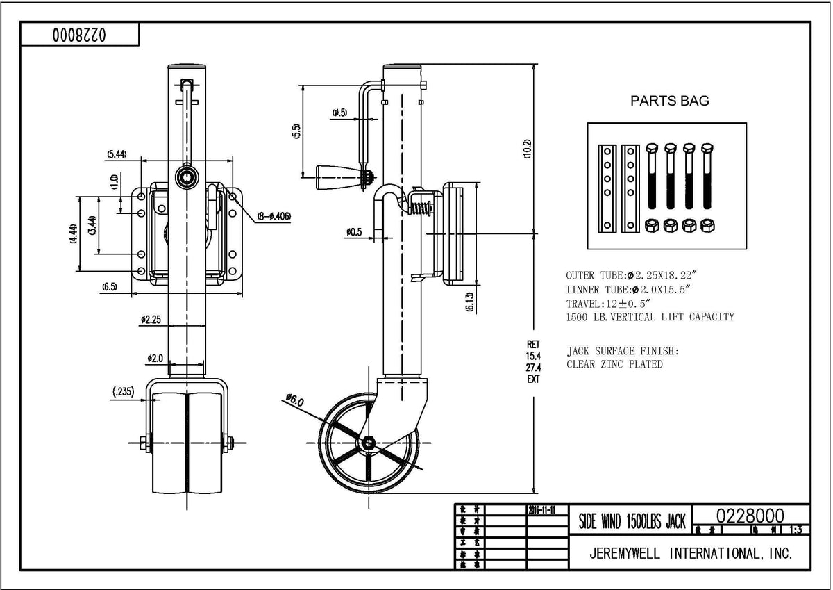 Jeremywell 1500lbs Trailer Jack with Double Wheel Dual 6-Inch, for Boat RV Utility, Swivel Swing-Back