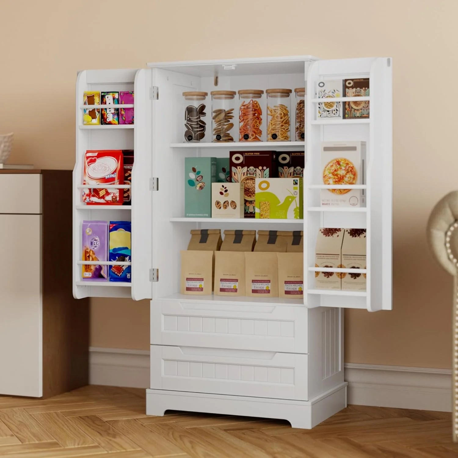 Gizoon Kitchen Pantry Cabinet with Drawers Freestanding Bathroom Storage Cabinet with Doors and Shelves, 47 Inch Small Pantry Cabinet