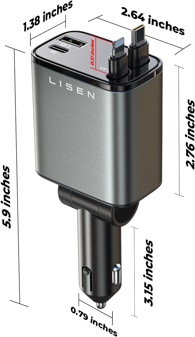 LISEN Retractable Car Charger, [2026 Upgrade 50 inch ] Long 4 in 1 Retractable Cable Car Charger