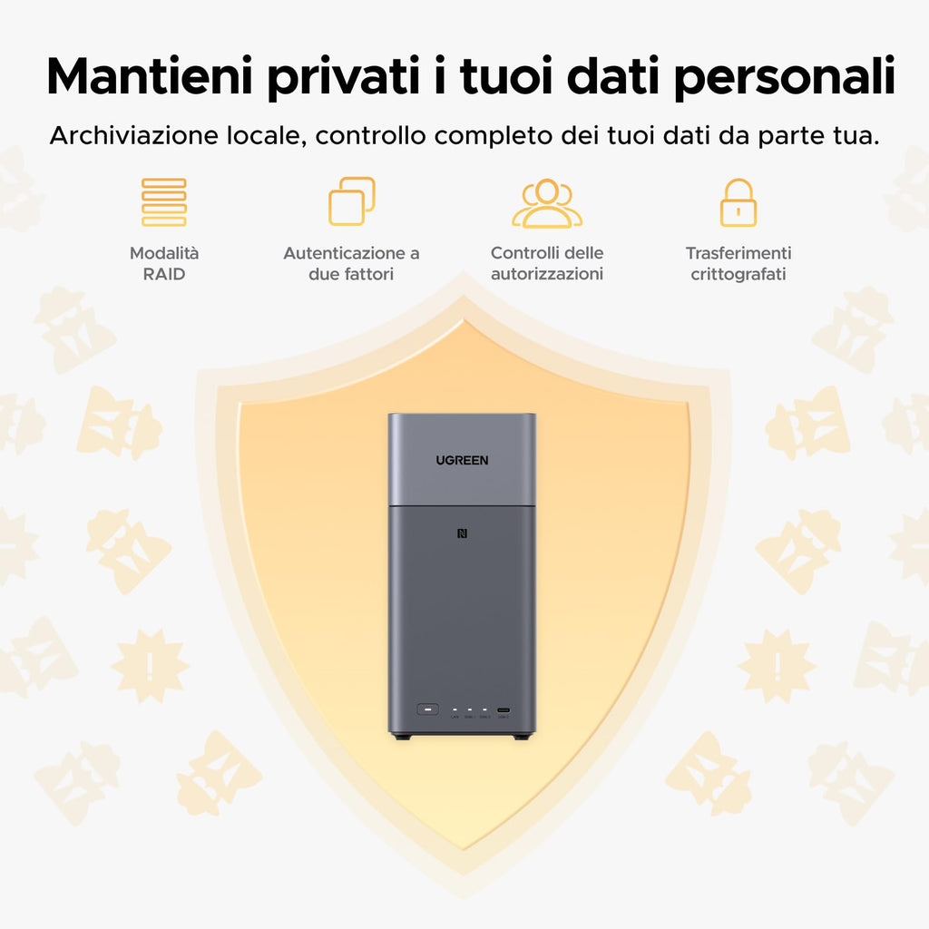 UGREEN NASync DH2300 NAS desktop a 2 alloggiamenti, LAN 1 GbE, 4 GB RAM, connessione NFC One-Touch
