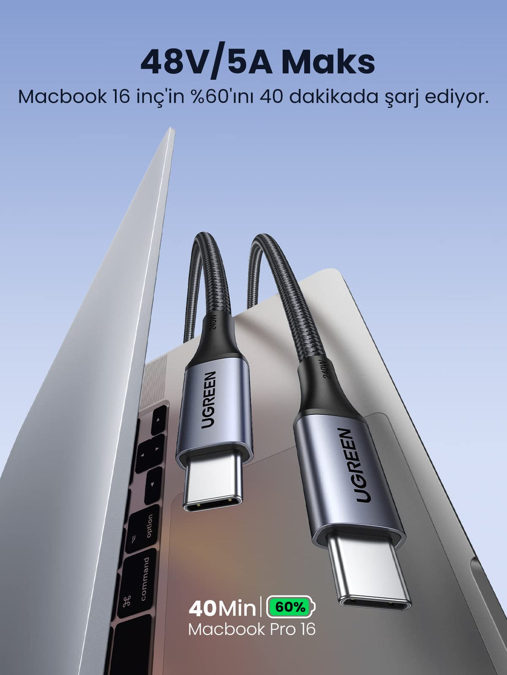 UGREEN USB-C’den USB-C’ye Kablo (Alüminyum Kaplama, Örgü)