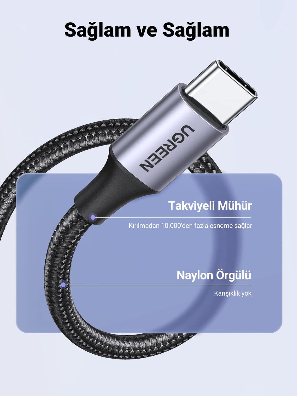UGREEN USB-A 2.0’dan USB-C’ye Kablo (Nikel Kaplama, Örgü)